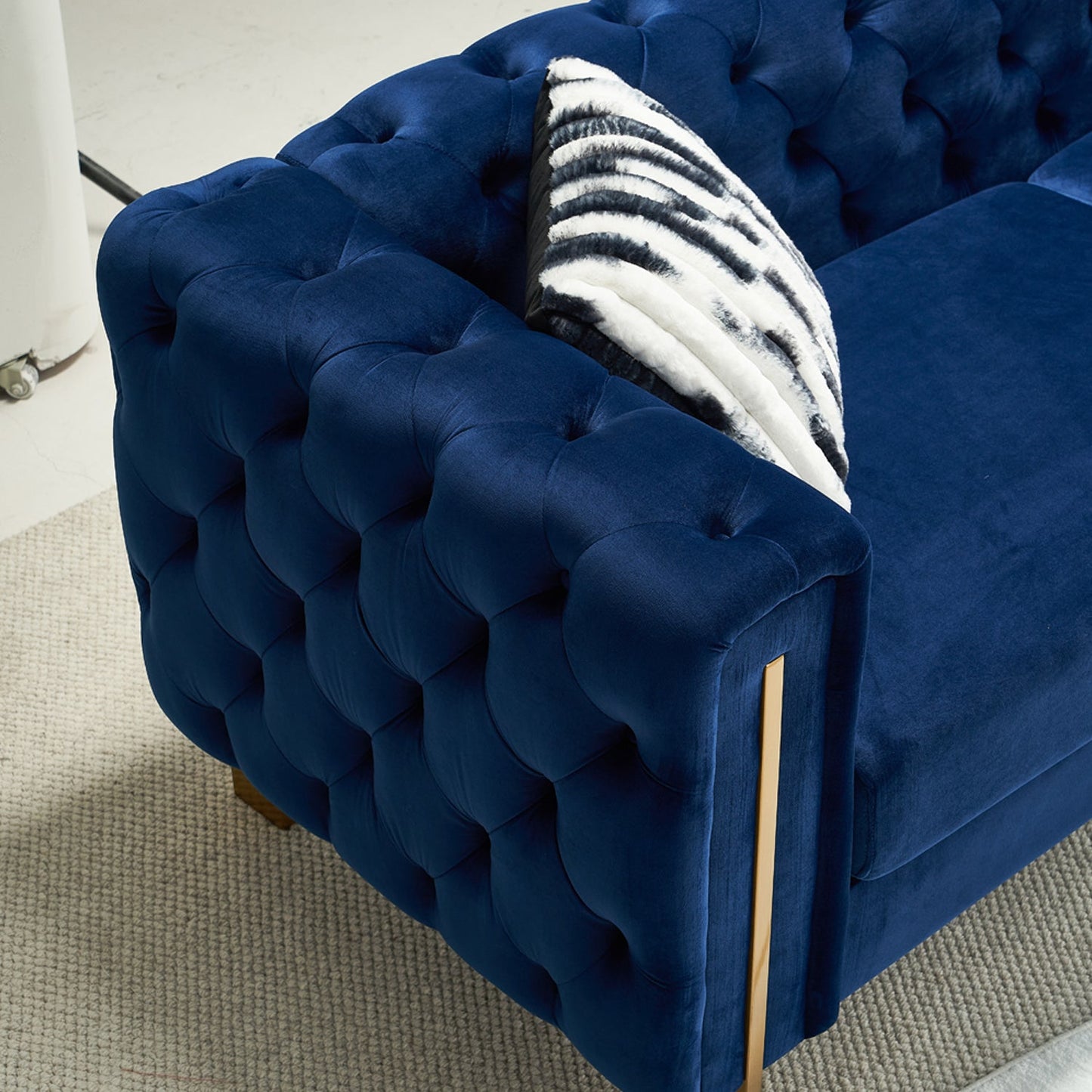 Pefelife Modern Button Tufted Velvet Sofa, Chesterfield Sofa with Square Arm,Gold Metal Legs and 2 Throw Pillows for Living Room(Blue)