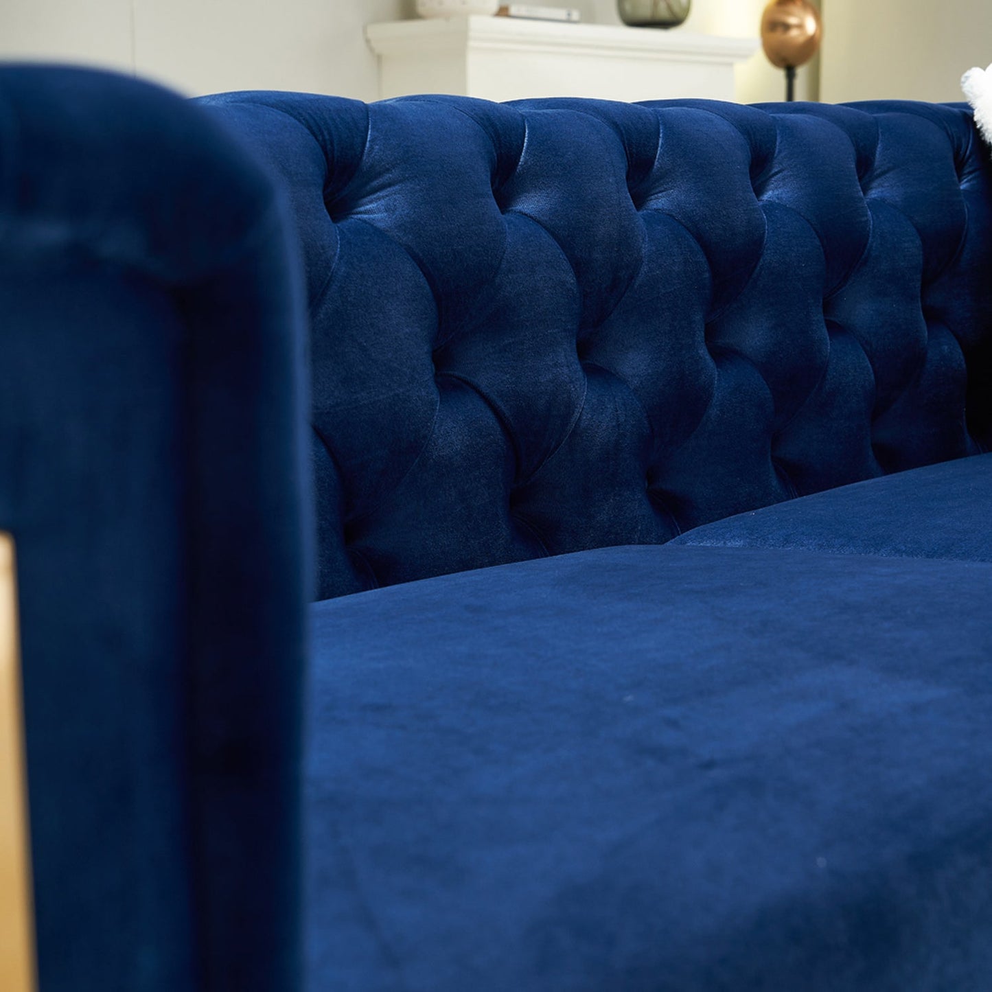 Pefelife Modern Button Tufted Velvet Sofa, Chesterfield Sofa with Square Arm,Gold Metal Legs and 2 Throw Pillows for Living Room(Blue)