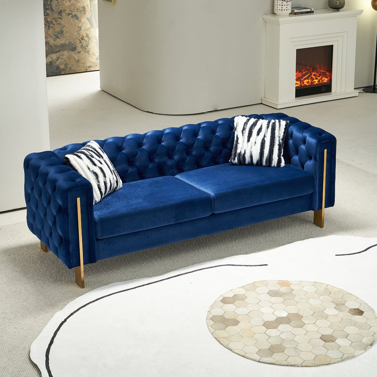 Pefelife Modern Button Tufted Velvet Sofa, Chesterfield Sofa with Square Arm,Gold Metal Legs and 2 Throw Pillows for Living Room(Blue)