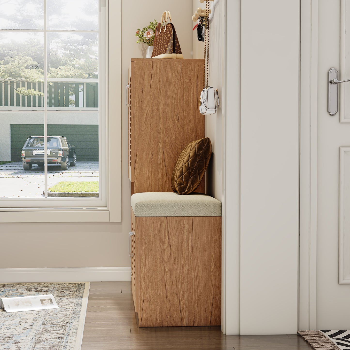 Banc de rangement à chaussures Pefelife 73 cm avec armoire à 2 portes, banc d'entrée avec rangement à chaussures blanc, banc à chaussures avec coussin, étagères réglables, banc à chaussures pour entrée et couloir