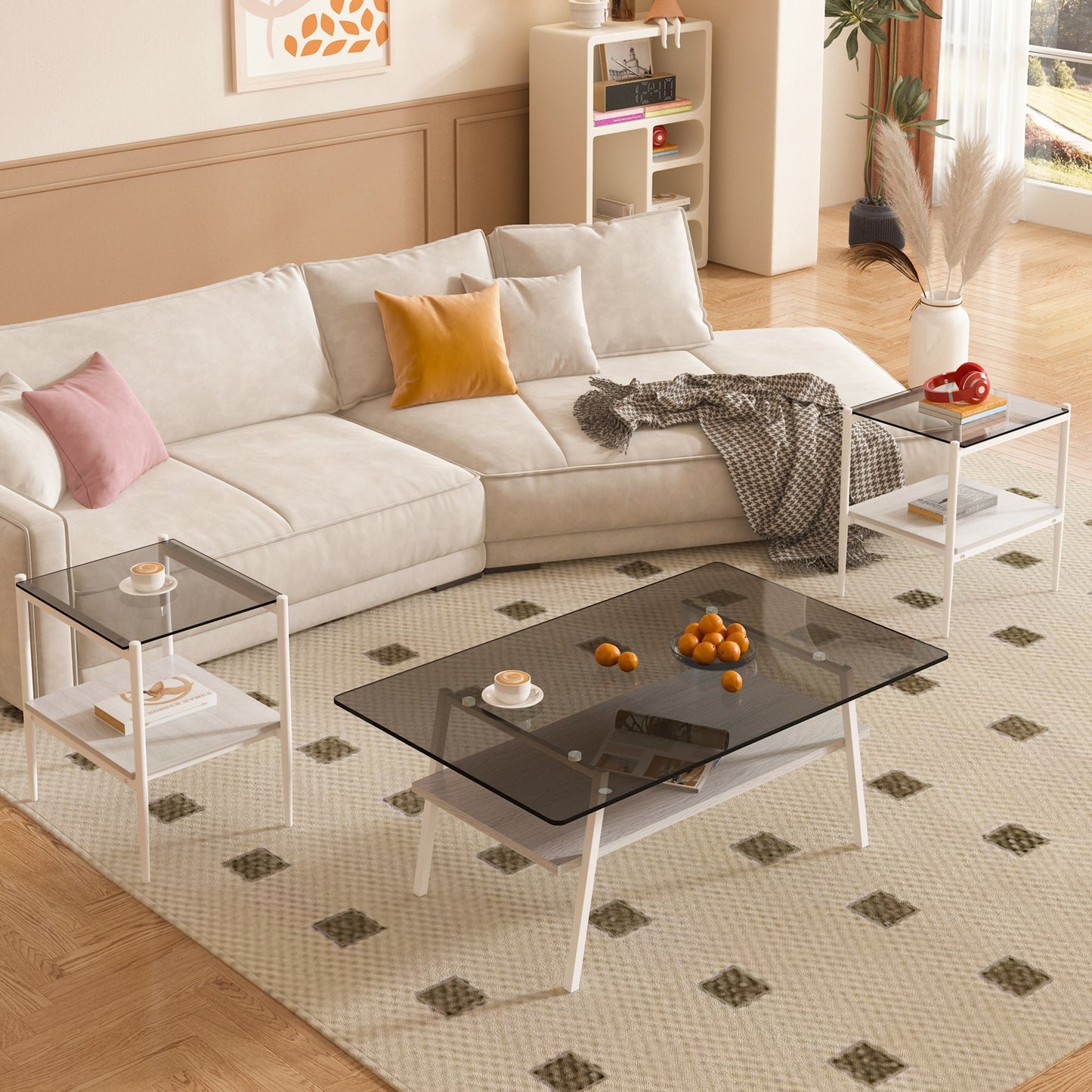 Ensemble de tables de salon Pefelife, ensemble de 3 tables basses et tables d'appoint en verre pour salon, ensemble de tables basses avec plateau en verre trempé et cadre en métal pour appartement, bureau