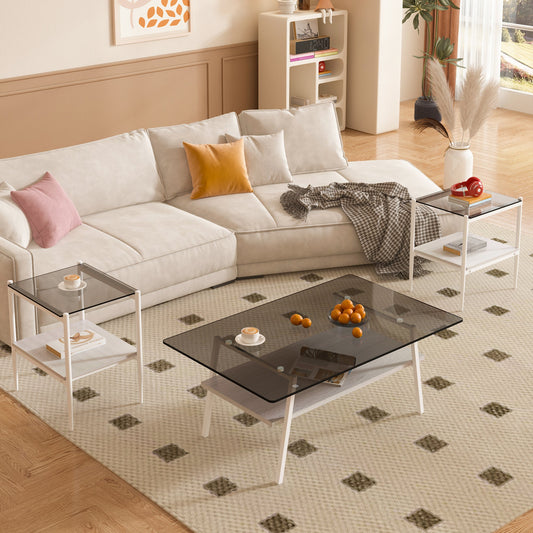 Juego de mesas de salón Pefelife, 3 piezas de mesa de centro de vidrio y mesas auxiliares para sala de estar, juego de mesa de centro con tablero de vidrio templado y marco de metal para apartamento y oficina.