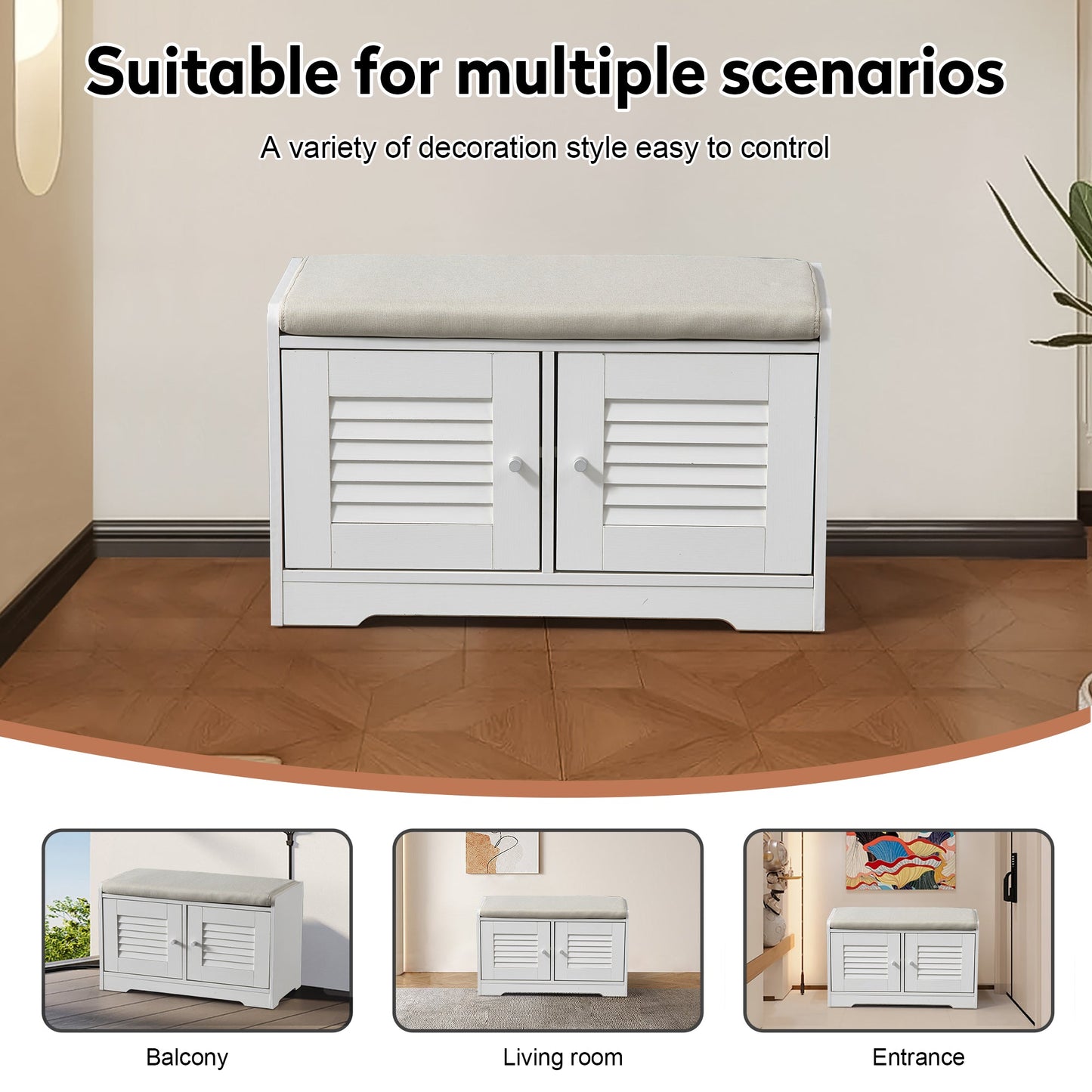 Banc à chaussures d'entrée Pefelife avec armoire de rangement 28,74 po Étagère à chaussures avec armoires à deux portes Étagères rembourrées Organisateur de couloir Meuble de rangement blanc