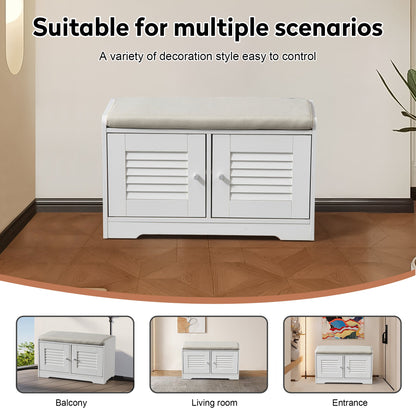 Banc à chaussures d'entrée Pefelife avec armoire de rangement 28,74 po Étagère à chaussures avec armoires à deux portes Étagères rembourrées Organisateur de couloir Meuble de rangement blanc