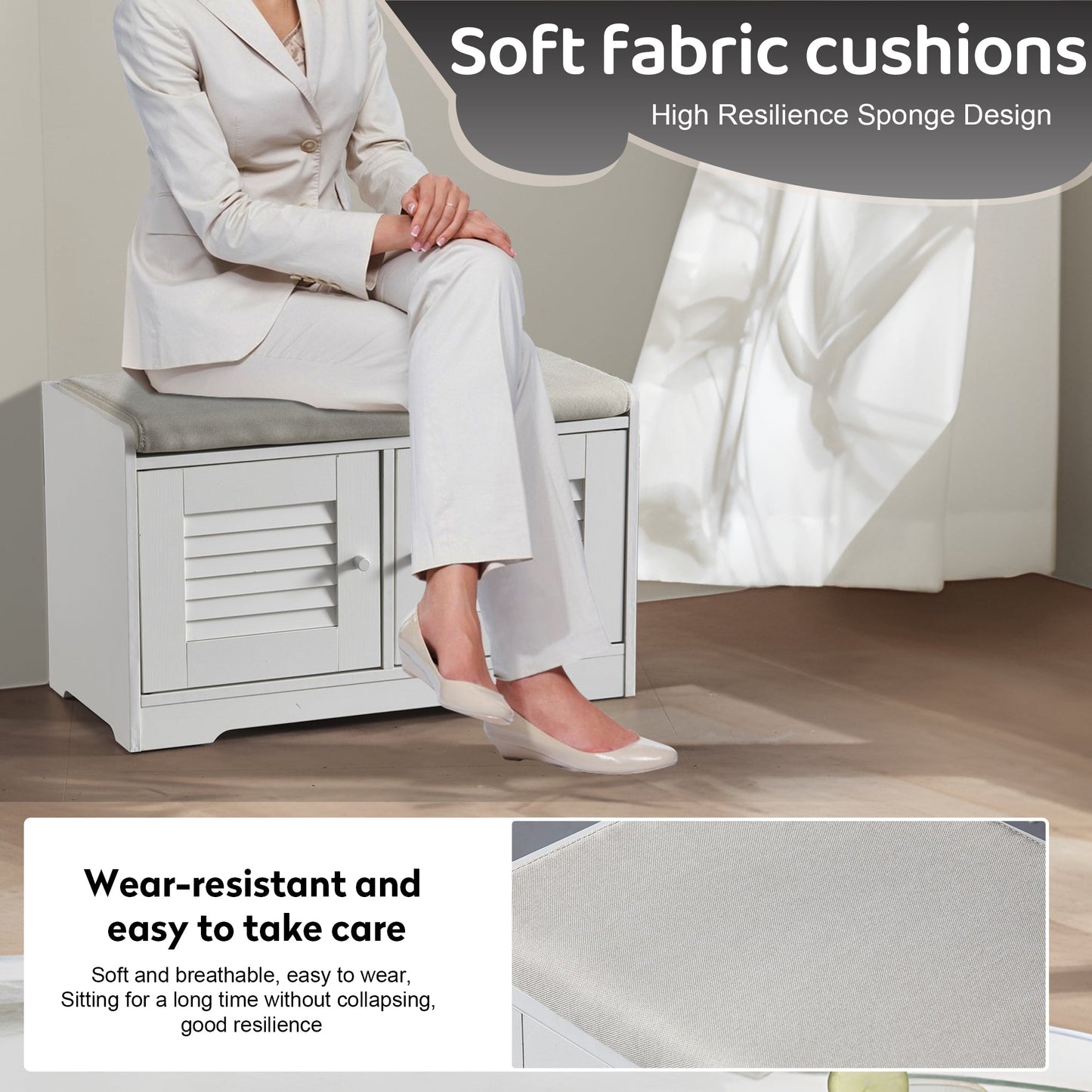 Banc à chaussures d'entrée Pefelife avec armoire de rangement 28,74 po Étagère à chaussures avec armoires à deux portes Étagères rembourrées Organisateur de couloir Meuble de rangement blanc