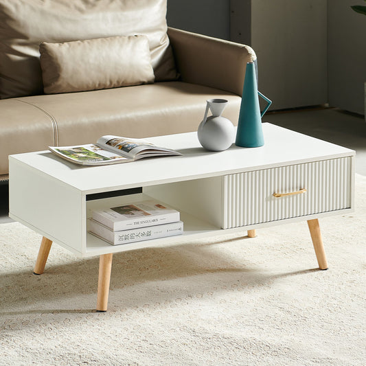 Mesa de centro Pefelife con espacio de almacenamiento, mesa de comedor bohemia con puerta corrediza de ratán, mesas de centro pequeñas para sala de estar, tablero blanco