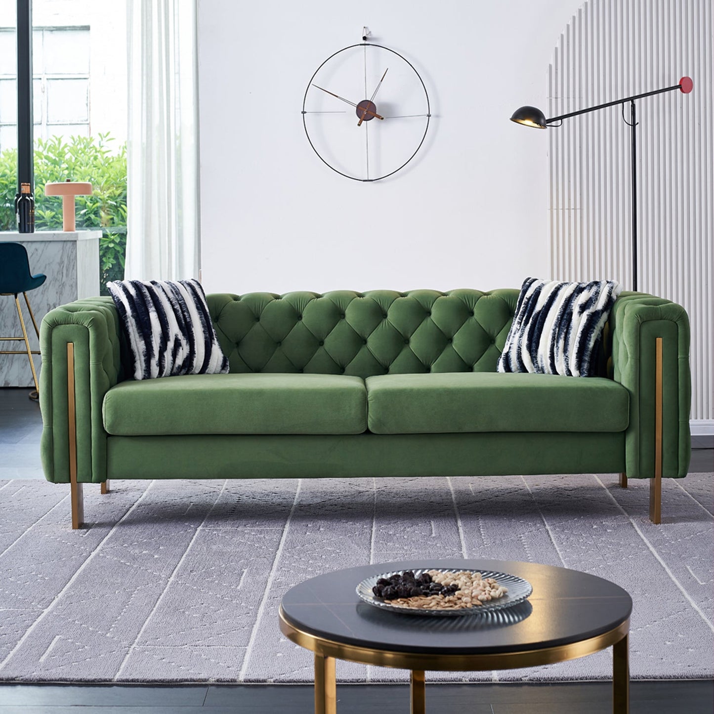 Pefelife Modern Button Tufted Velvet Sofa, Chesterfield Sofa with Square Arm,Gold Metal Legs and 2 Throw Pillows for Living Room(Blue)