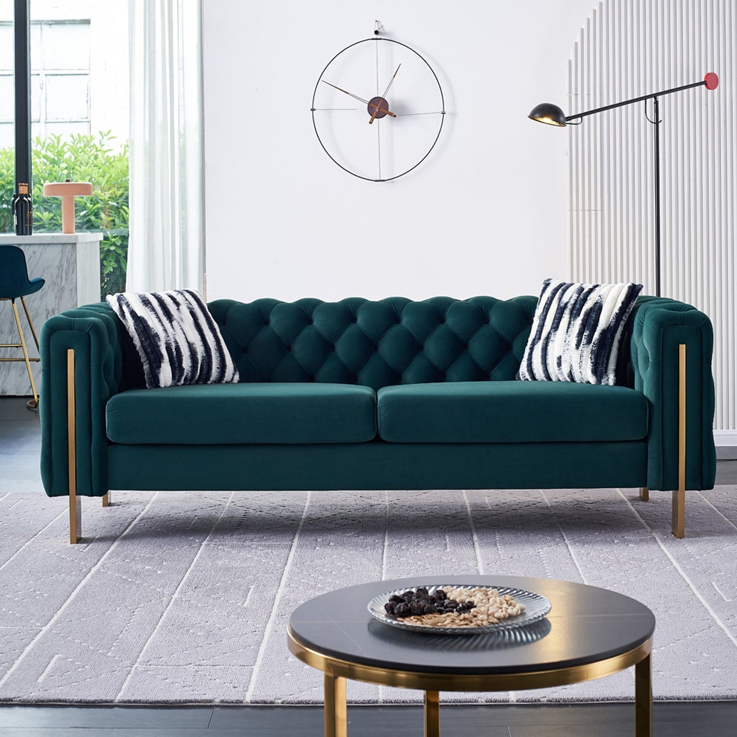 Pefelife Modern Button Tufted Velvet Sofa, Chesterfield Sofa with Square Arm,Gold Metal Legs and 2 Throw Pillows for Living Room(Blue)