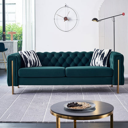 Pefelife Modern Button Tufted Velvet Sofa, Chesterfield Sofa with Square Arm,Gold Metal Legs and 2 Throw Pillows for Living Room(Blue)