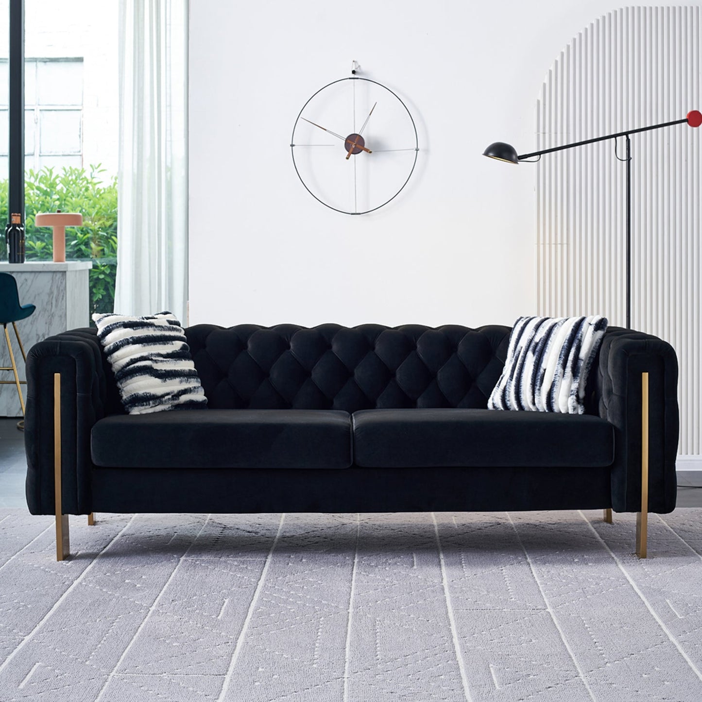 Pefelife Modern Button Tufted Velvet Sofa, Chesterfield Sofa with Square Arm,Gold Metal Legs and 2 Throw Pillows for Living Room(Blue)