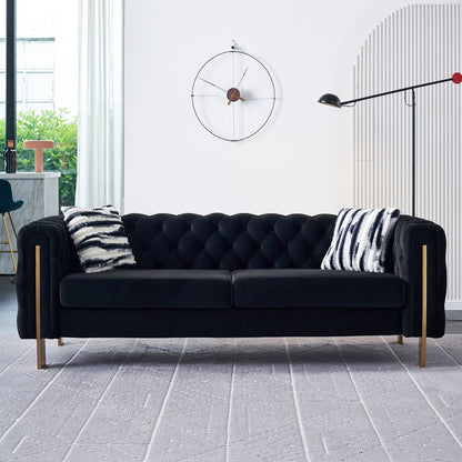 Pefelife Modern Button Tufted Velvet Sofa, Chesterfield Sofa with Square Arm,Gold Metal Legs and 2 Throw Pillows for Living Room(Blue)